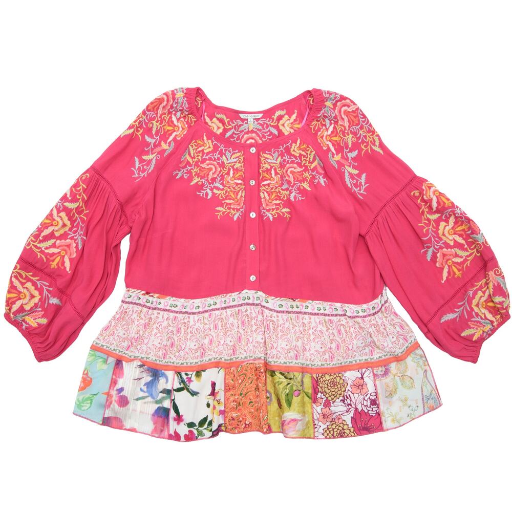 John Mark Fuchsia Embroidered Button-Front Patchwork Tunic - Picture 5 of 13